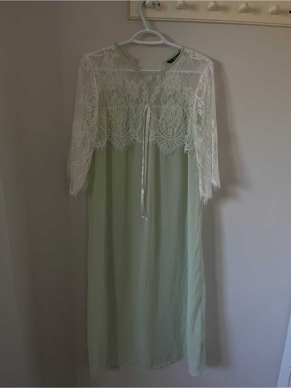 SHEIN Sage Green Chemise with White Lace Overlay